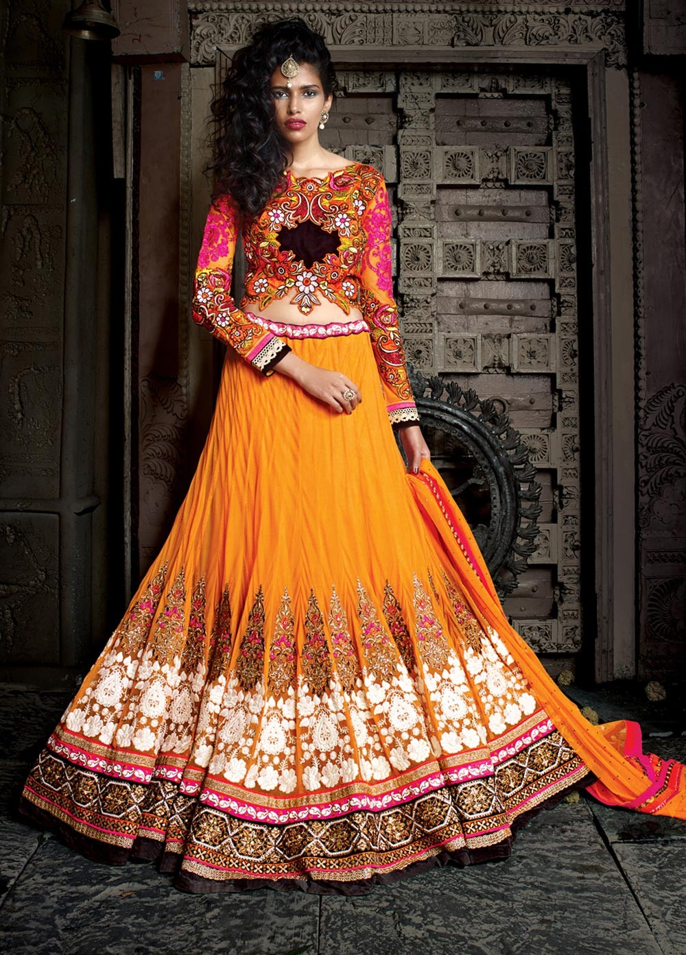 Buy Orange color gerogette designer wedding lehenga in UK, USA and Canada